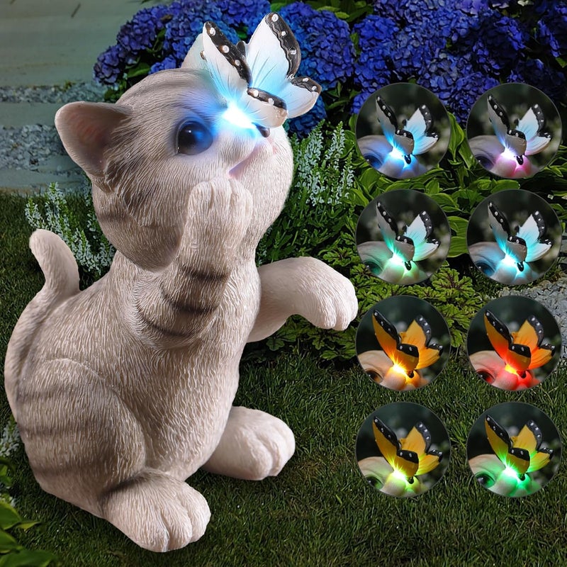 halp·ssfm Cat Garden Statue Outdoor Solar Decorations Butterfly Light Figurine Color Changing LED Lights Resin Sculpture Art Decor Patio Lawn Yard Housewarming Gifts for Women Grandma Mom - Image 1